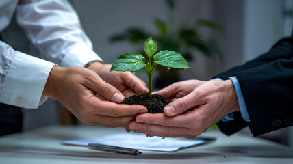 A close-up of two hands holding a sprouting green plant with soil in office environment