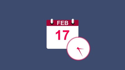 February month 17 date calendar icon clock magenta red color 4k illustration. 