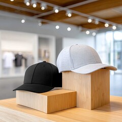 Black and Light Grey Baseball Caps on Wooden Display in Store