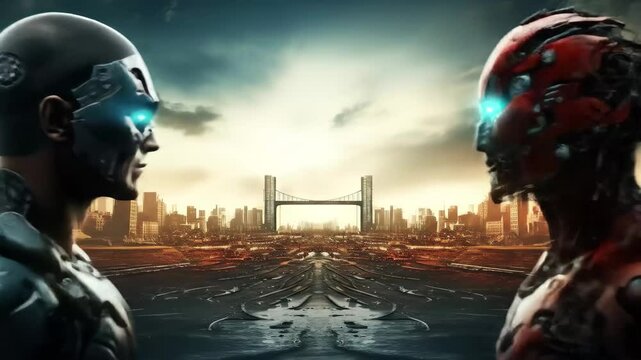 Cyborg man and robot in front of a destroyed city, Humanoid robot VS ai robot, Cyborgs in a futuristic city, 3D render, futuristic concepts, sci-fi characters.