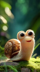 Image of a smiling plush snail on a leaf, with a green park background and copyspace