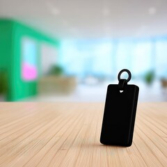Black Bluetooth Tracker on Leather Keychain on Wooden Desk