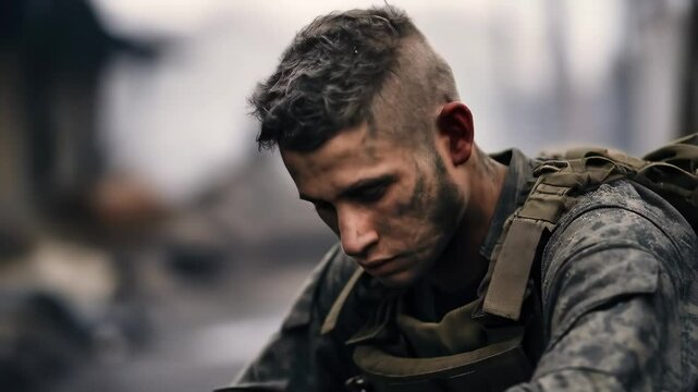 A lone man sits on the side of a worn-down road, surrounded by remnants of war destruction, lost in memories of family, and hazy with faded hope.