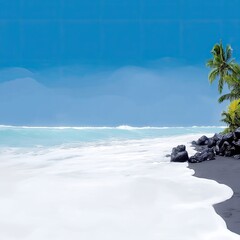 Black Volcanic Sand Beach with Turquoise Ocean and Palm Trees