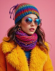 Woman in colorful winter accessories wearing sunglasses and a yellow fur coat on a pink background