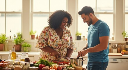 Casual lifestyle moment of a curvy couple cooking together in a bright home kitchen