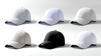 Blank Baseball Cap Mockup: White, Black, and Beige Headwear Designs