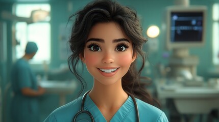 Fototapeta premium Animated female medical professional smiling with a stethoscope.