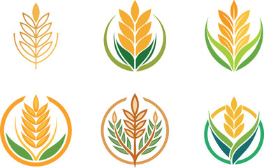 Artistic wheat stalk icons suitable for agriculture branding or organic food packaging design with golden and green elements.