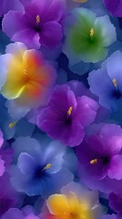Bold Tropical Hibiscus Flowers Scattered on Dark Background