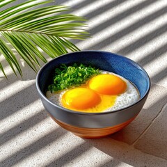 Brightly Lit Ramen Bowl with Two Sunny Side Up Eggs and Nori