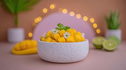 Bright Yellow Mango Salsa in a Speckled White Bowl