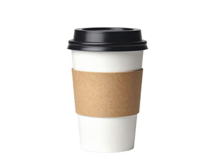 White disposable coffee cup with black lid and cardboard sleeve for takeaway beverages