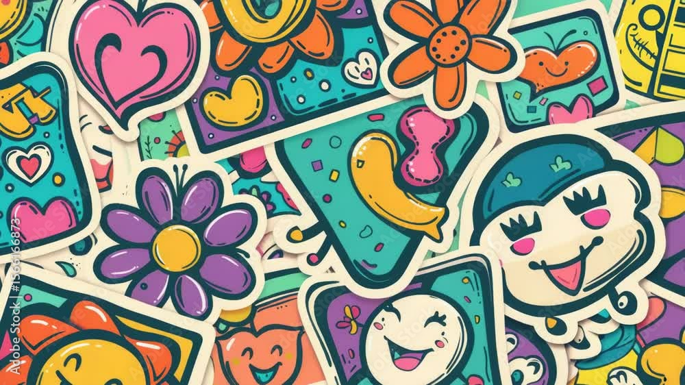 Poster A collection of colorful stickers on a table, ideal for use in crafting or design projects