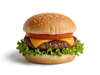 A delicious cheeseburger with fresh ingredients on a white background