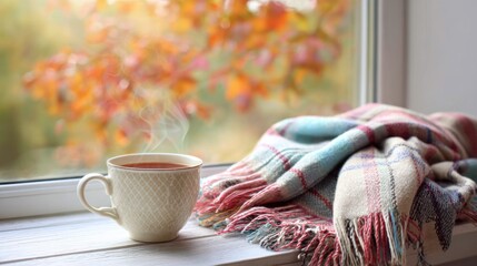 A cup of tea and a plaid blanket on a windowsill, colorful autumn trees outside, soft light filtering through the window