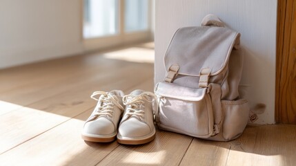 A pair of clean school shoes next to a neutral colored backpack on a light wooden floor by the doorway, morning sunlight streaming in