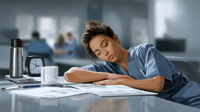 Exhausted Night Shift Nurse Taking a Break in Hospital Breakroom