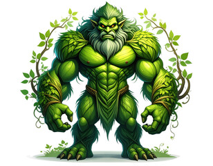 Powerful green forest guardian creature with leaf armor and vine details standing among botanical elements on transparent background