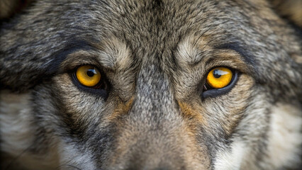 Obraz premium Intense close-up of a wolf's face, highlighting its piercing golden-yellow eyes and intricate fur texture.