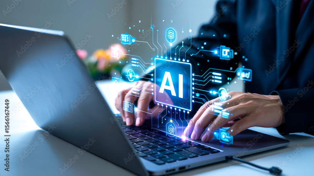 Poster a detailed digital illustration showing ai tech and ui elements hovering above a modern laptop works