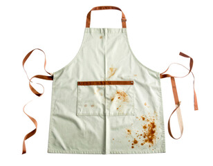 Dirty kitchen apron with food stains and leather straps isolated on transparent background for culinary concepts
