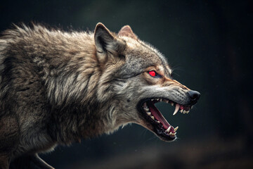Powerful wolf caught in an aggressive stance, sharp teeth and glowing red eyes prominent in the darknes