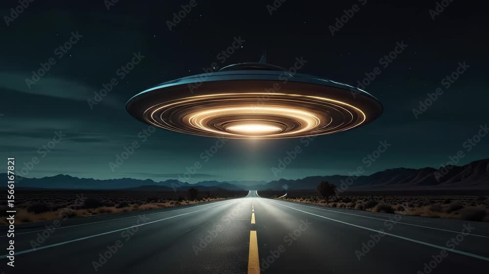 Poster An unidentified flying object emits bright lights while hovering above an empty road surrounded by rugged terrain beneath a star filled sky