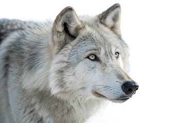 Fototapeta premium Beautiful grey wolf showcasing its unique dual-colored eyes, blue and yellow, in a serene, high-key setting