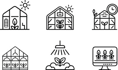 Smart Farming and Greenhouse Agriculture Outline Icons.