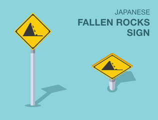 Traffic regulation rules. Isolated japanese "fallen rocks" road sign. Front and top view. Flat vector illustration template.