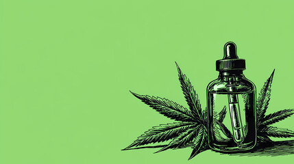 A dropper bottle with cannabis leaves on a green background. An illustration of a cosmetic or medical serum filled with liquid next to a cannabis leaf. The image is in a black white line drawing style