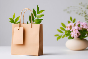 Small brown paper shopping bag on white background minimalist and ecofriendly packaging