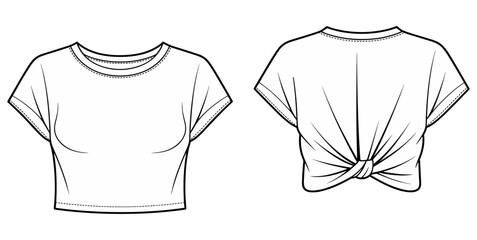 Twist-back crop top, women’s fashion template, flat sketch vector, short sleeve t-shirt, back knot tee, front and back view © Sagor Creatives