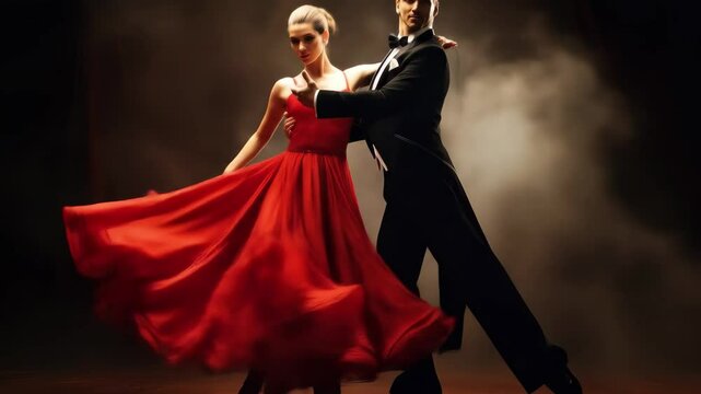 Full length portrait of a passionate couple dancing tango over dark background, passionate dance concept, Passionate Salsa Duet, A Dance of Heartbeats and Twirls, tango