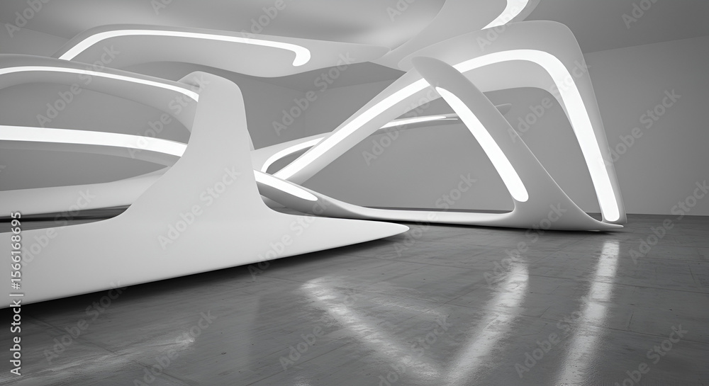 Poster abstract futuristic architecture with smooth white curves and illuminated edges