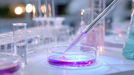 pipette adding colored liquid into petri dish, molecular reaction glowing inside dish, scientific glassware around on white table, soft lighting