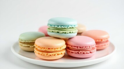 Fototapeta premium Assortment of colorful pastel macarons stacked on a white plate with a soft background