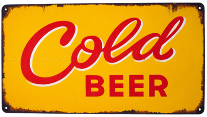 beer sign, old rusty and cracked metal plate with the text cold beer, retro style sign, sales, vintage ad, advertising