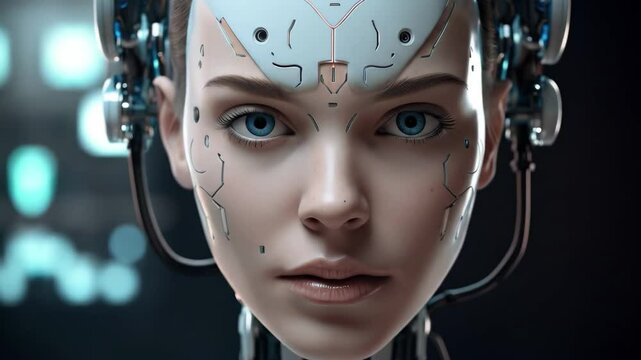 A beautiful female cyborg. woman with a robot head in a futuristic sci-fi environment. concept of futuristic technology.