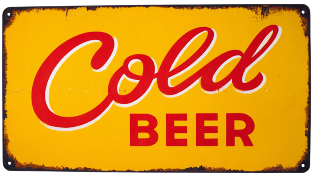 beer sign, old rusty and cracked metal plate with the text cold beer, retro style sign, sales, vintage ad, advertising