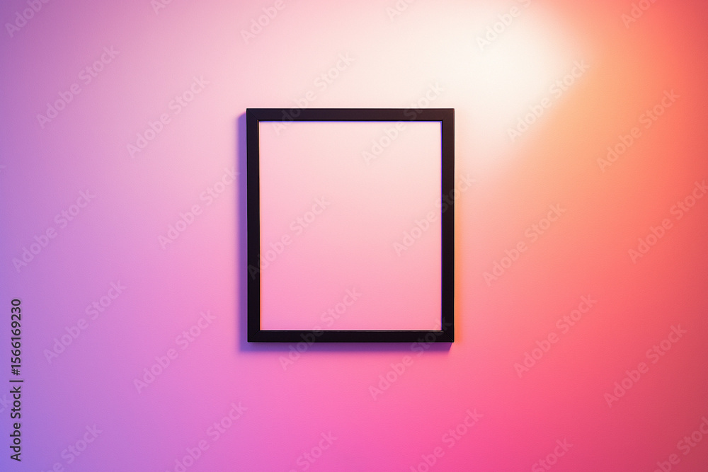 Poster square black frame hanging on a wall with pink and orange gradient lighting effect creating a vibran