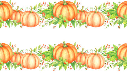 Autumn flowers and leaves background with pumpkins on white background.
