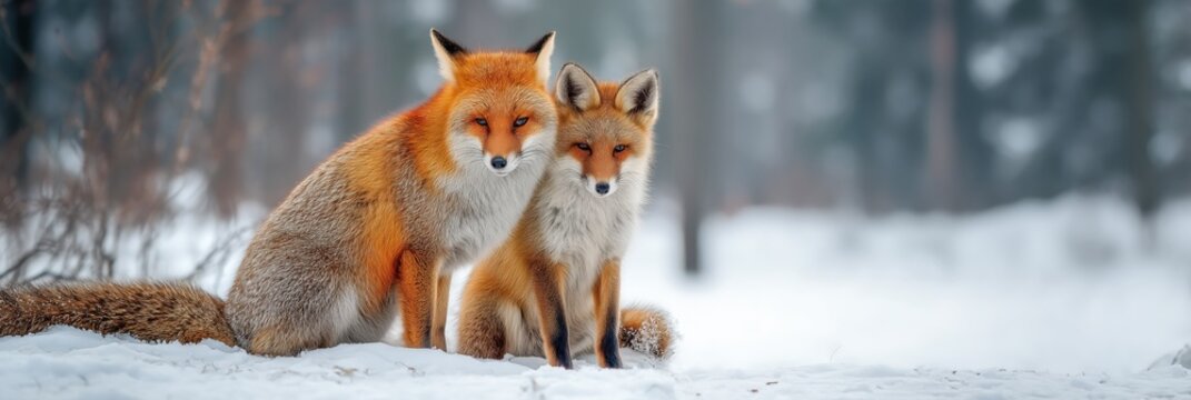 Red fox mother and cub sitting together in winter forest