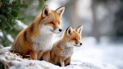 Obraz premium Red fox mother and cub sitting together in winter snow