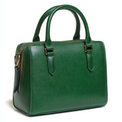 Stylish green leather handbag with brass zipper and handles isolated on white background