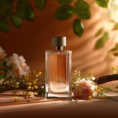 An elegant glass perfume bottle surrounded by blooming roses and wildflowers, placed on a branch, with golden sunlight filtering through the leaves above. The background features a.