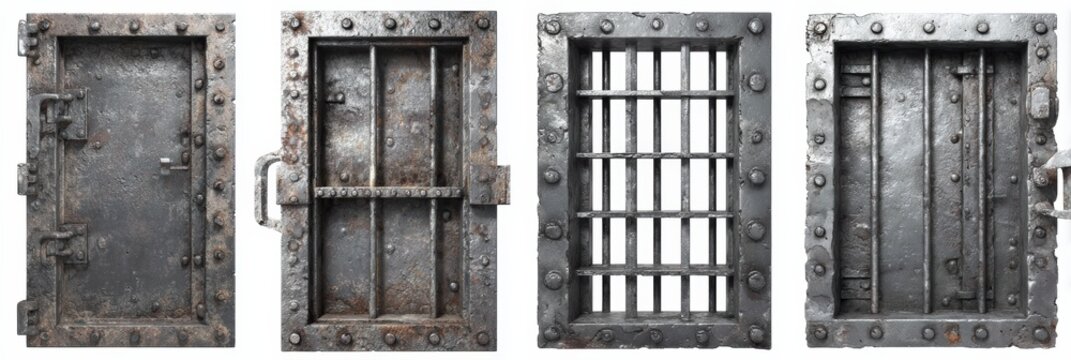 Four different old, heavy metal prison cell doors with varying bar and lock designs, showing rust and wear.