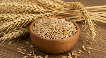 Ingredient focus: a simple wooden bowl showcasing natural wheat grains and husks