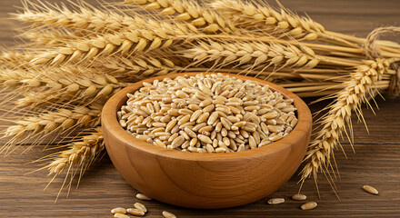 Farm-to-table concept: a bowl of wheat grains and stalks on a rustic wooden background